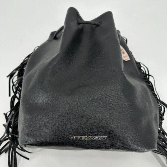 Victoria's Secret Black Faux Leather Adjustable Fringe Large Sling Backpack NEW - Picture 3 of 7